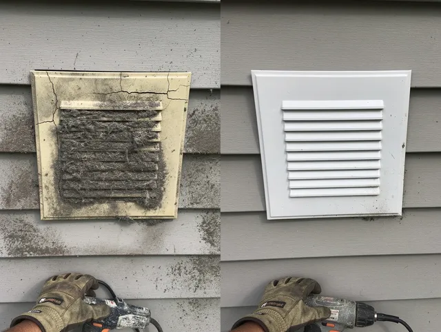 La Palma Dryer Vent Cleaning technician installing high-quality dryer vent cover at a residential property in La Palma