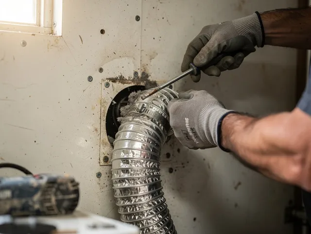 La Palma Dryer Vent Cleaning technician performing precise dryer vent hose installation in La Palma